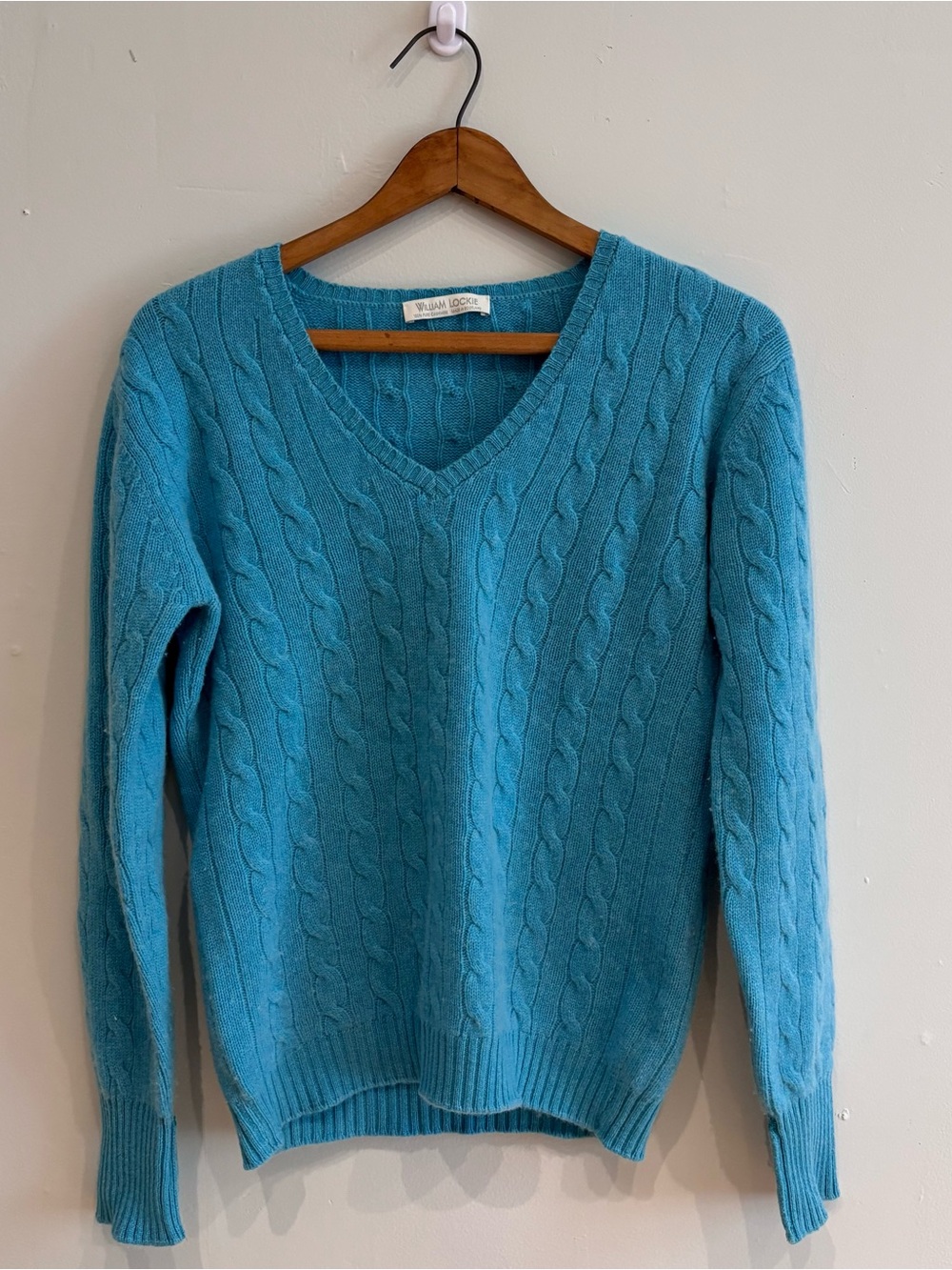 William Lockie Teal Cable-Knit V-Neck Sweater 💯 cashmere M